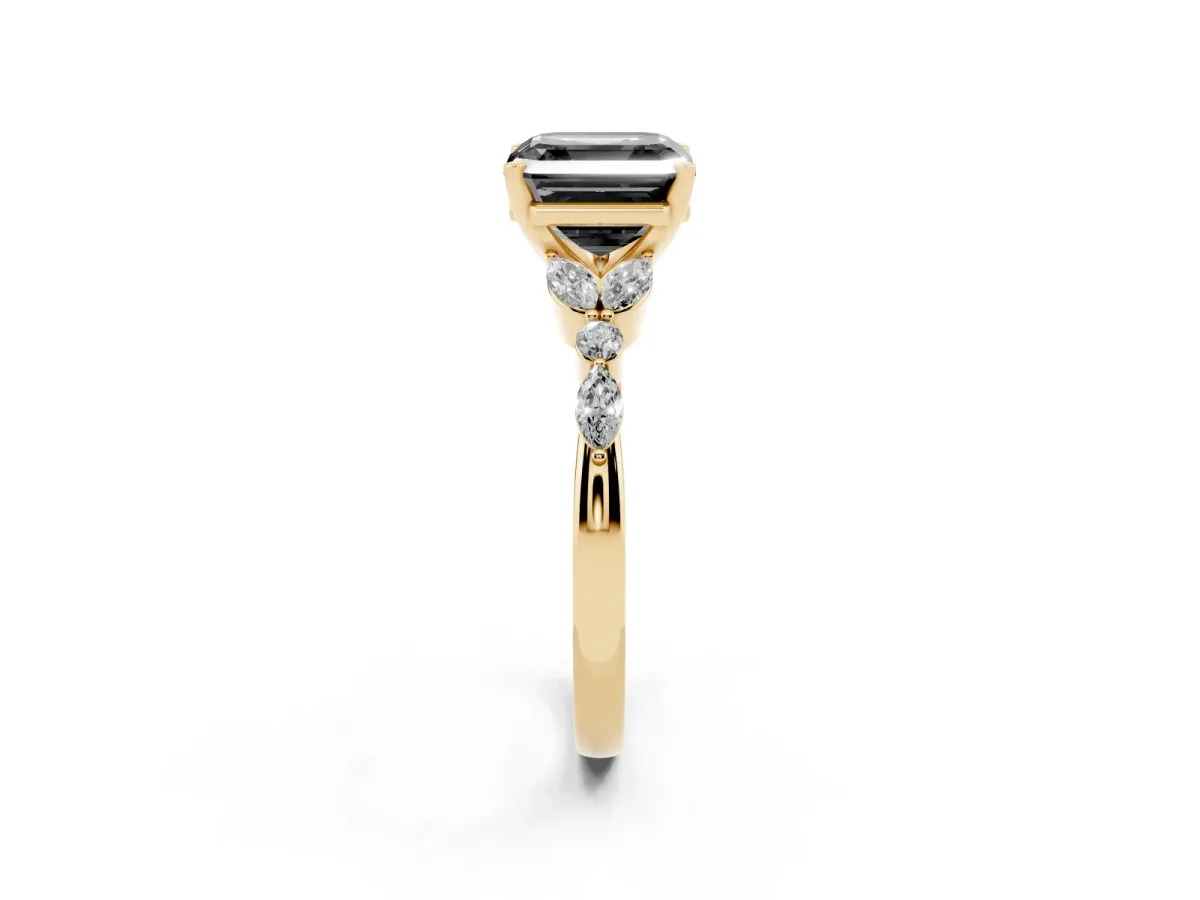 Fancy Black Asscher Cut Diamond Solitaire Ring with Side Stones and Four-Prong Setting Yellow gold