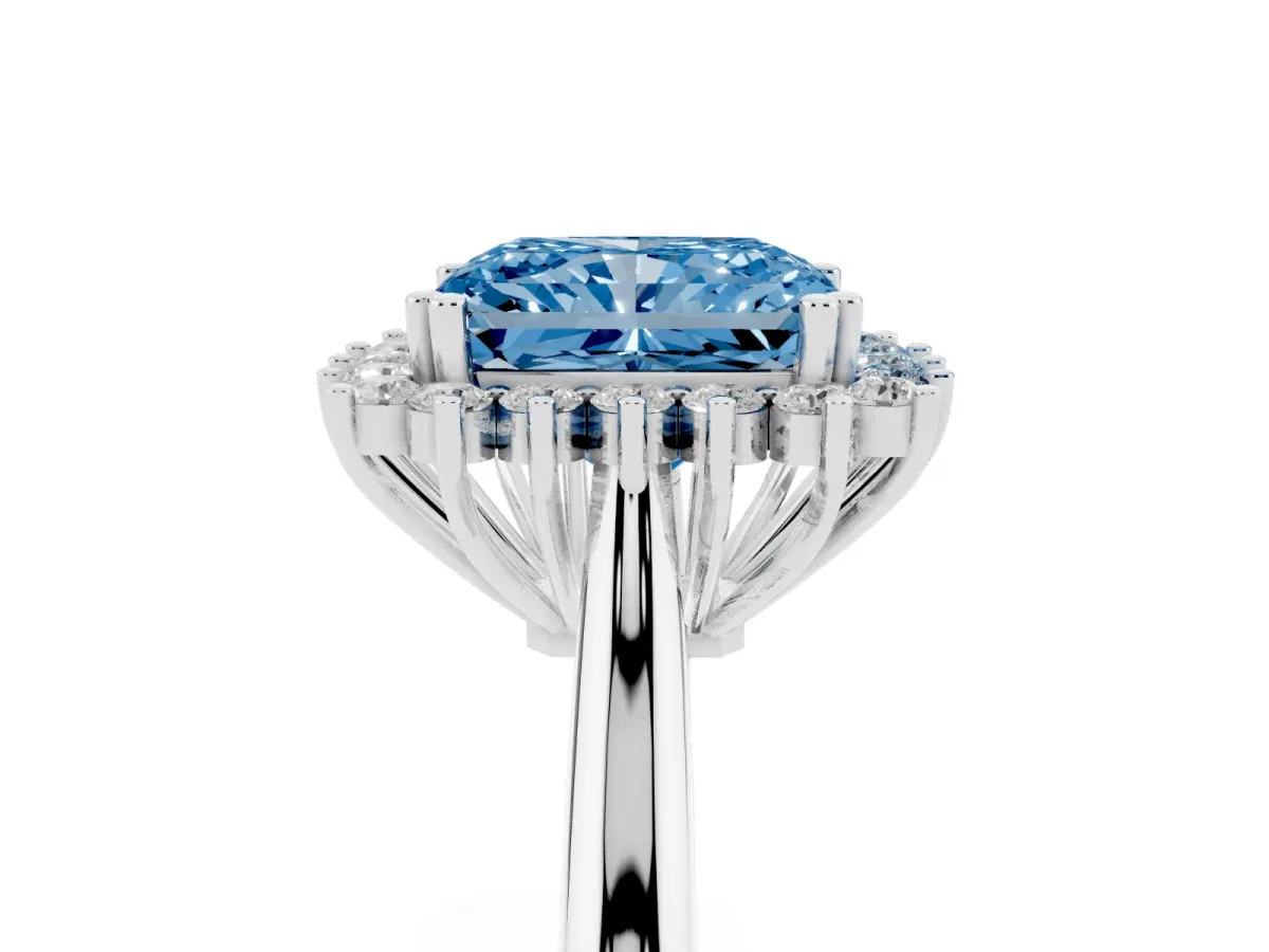 Fancy Blue Radiant Cut Cut Diamond Halo Ring with Solitaire Band and Prong Setting White gold