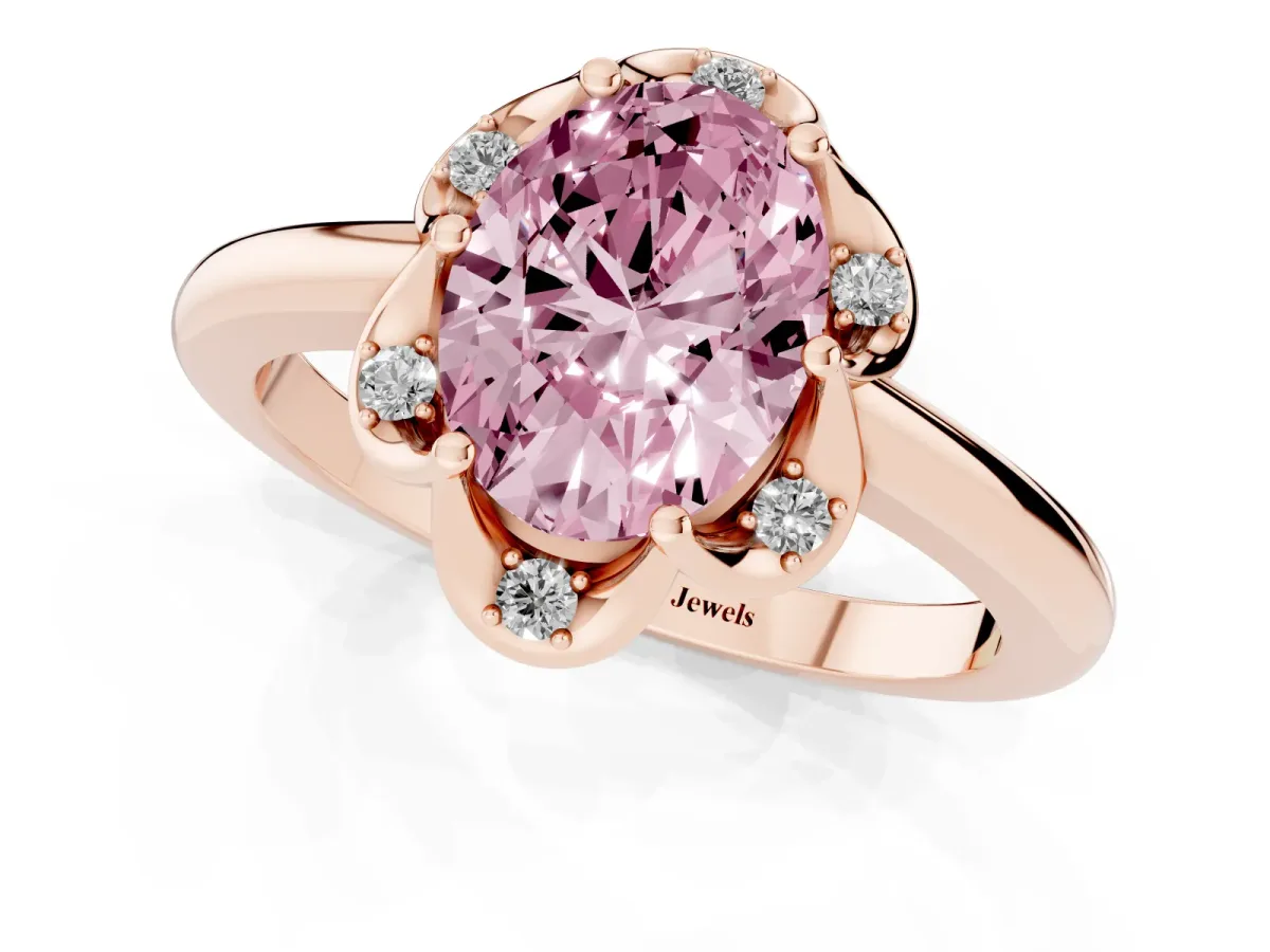 Fancy Pink Oval Cut Halo Diamond Ring with Round Cluster Setting, Solitaire Band, and Four-Prong Setting Rose gold