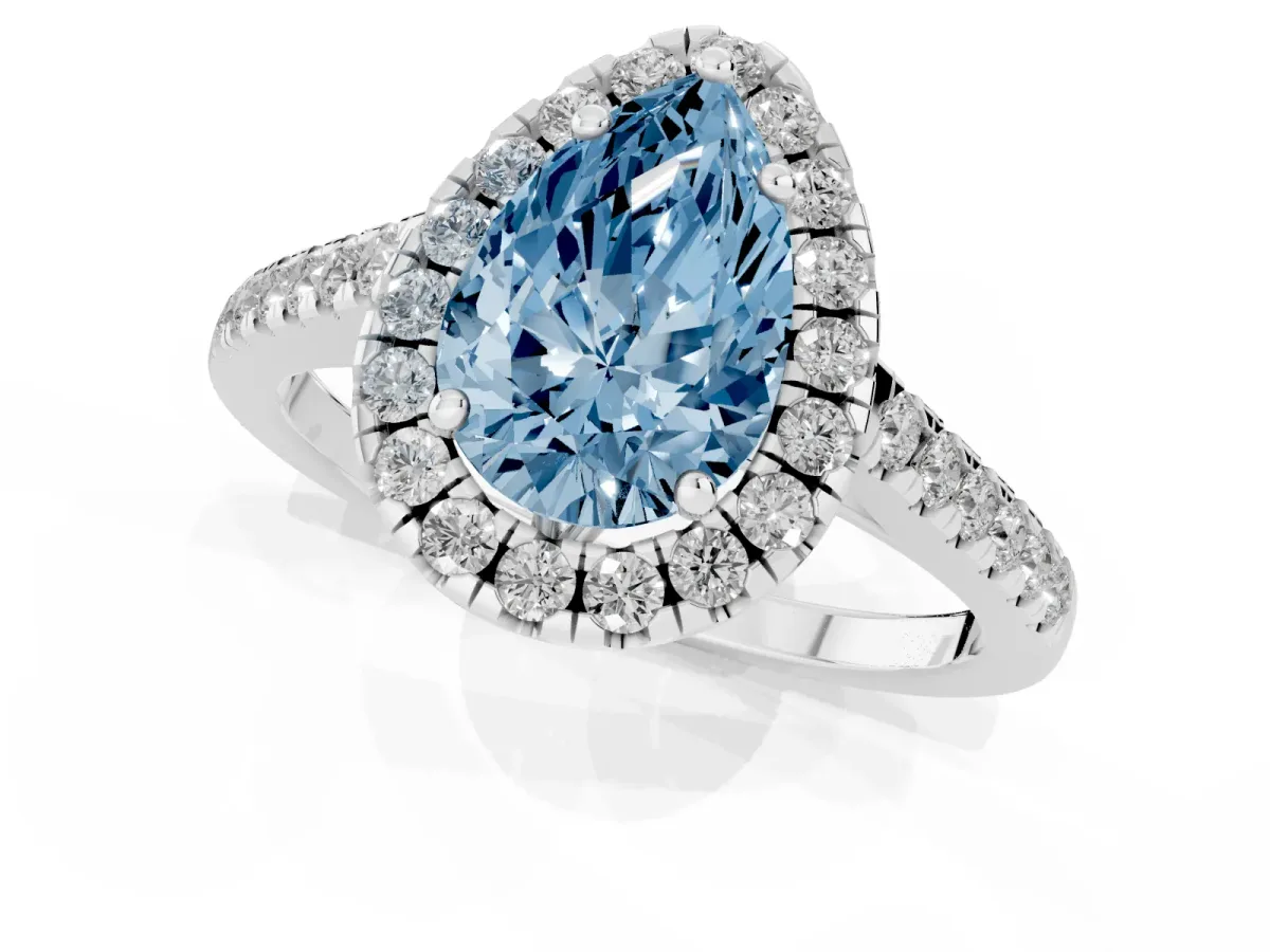Fancy Blue Pear Cut Halo Pavé Diamond Engagement Ring with Four-Prong Setting Silver