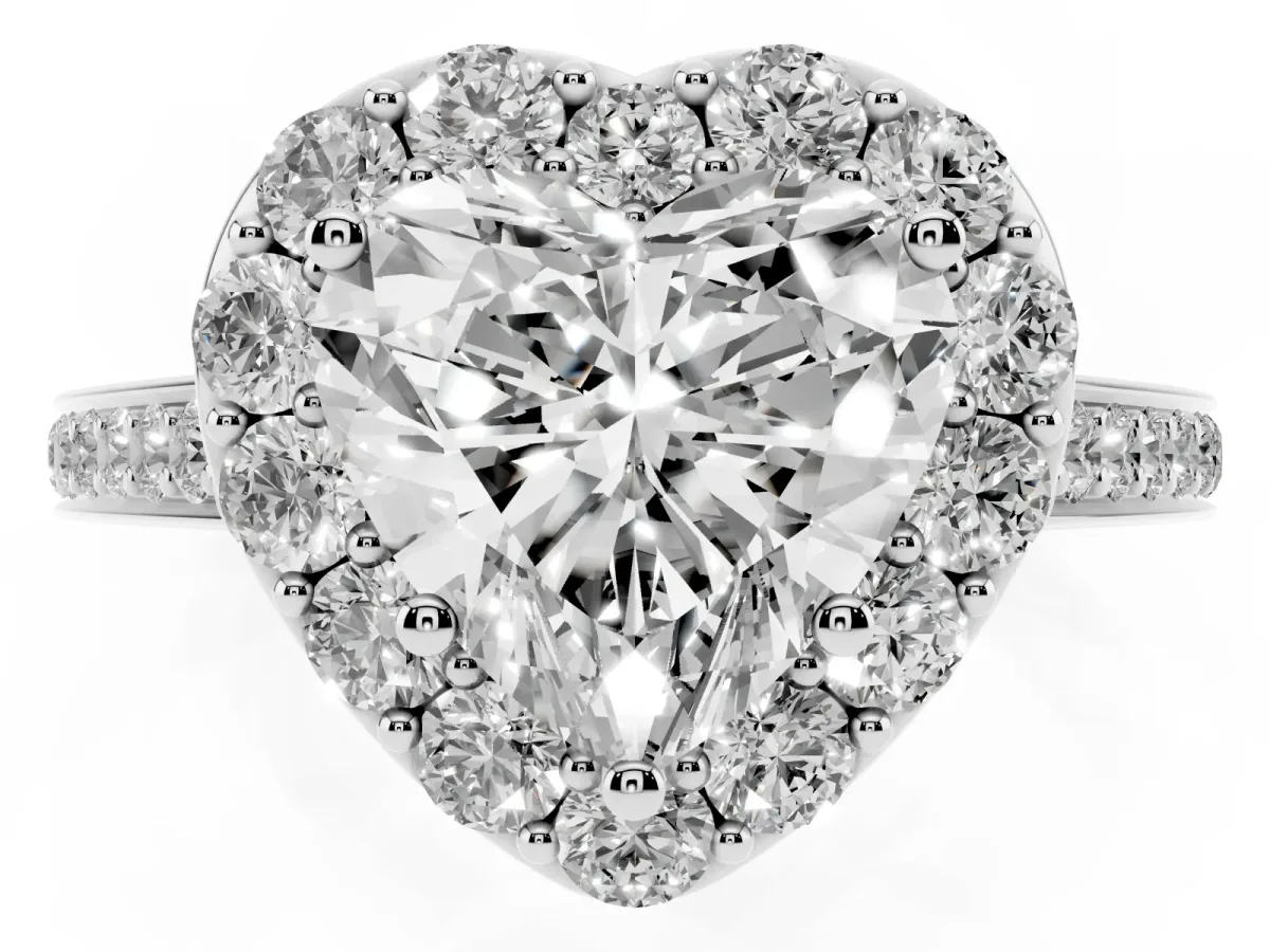 Heart Cut Diamond Floral Halo Ring with Pavé Band and Prong Setting White gold