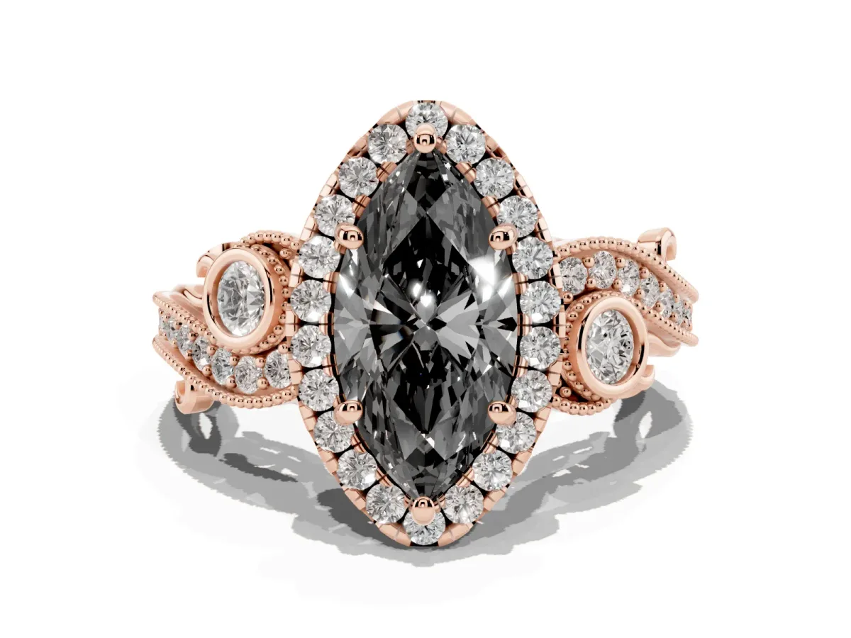 Fancy Black Marquise Cut Halo Diamond Ring with Milgrain and Bezel Accents on a Split Shank Band Rose gold