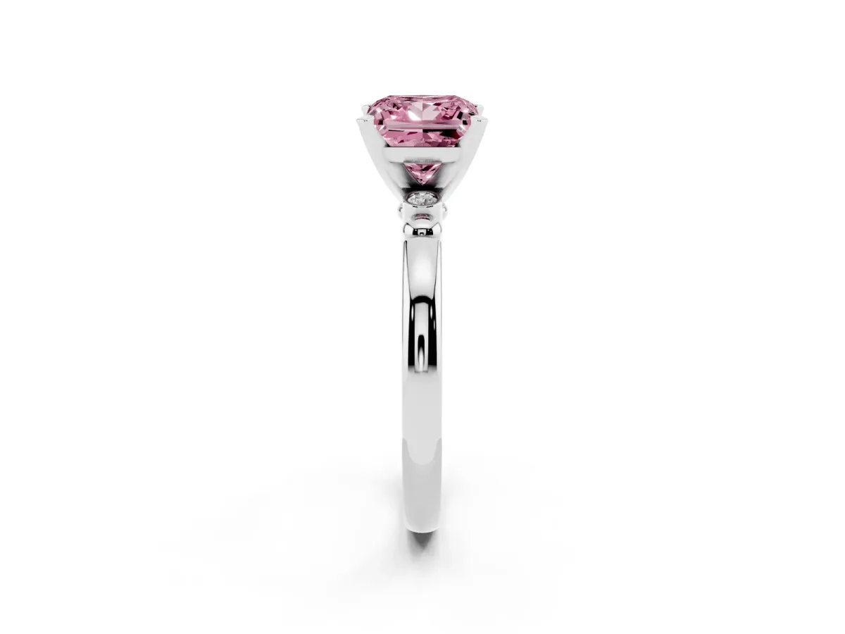 Fancy Pink Princess Cut Solitaire Beaded Band with Four-Prong Setting Silver