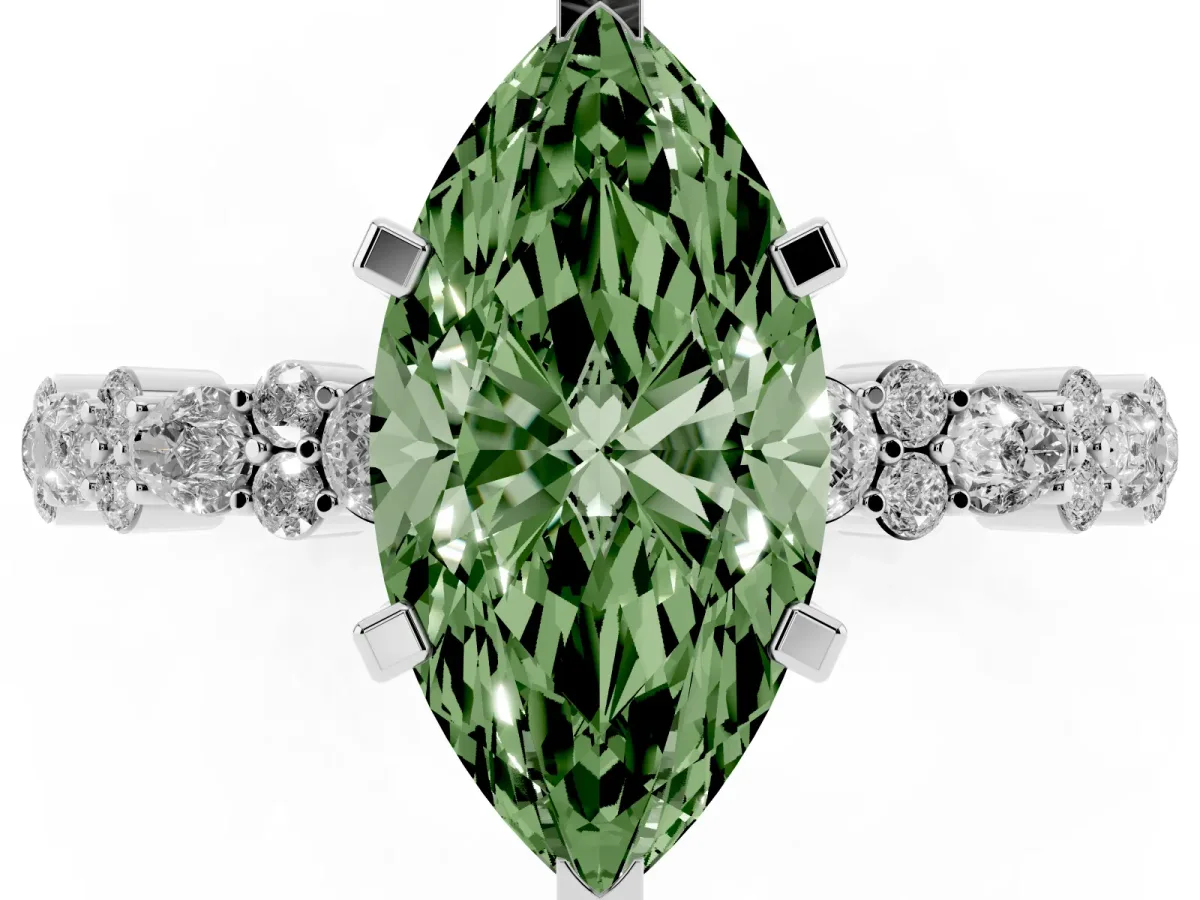 Fancy Green Marquise Cut Diamond Side Stone Solitaire Ring with Round and Four-Prong Setting Silver