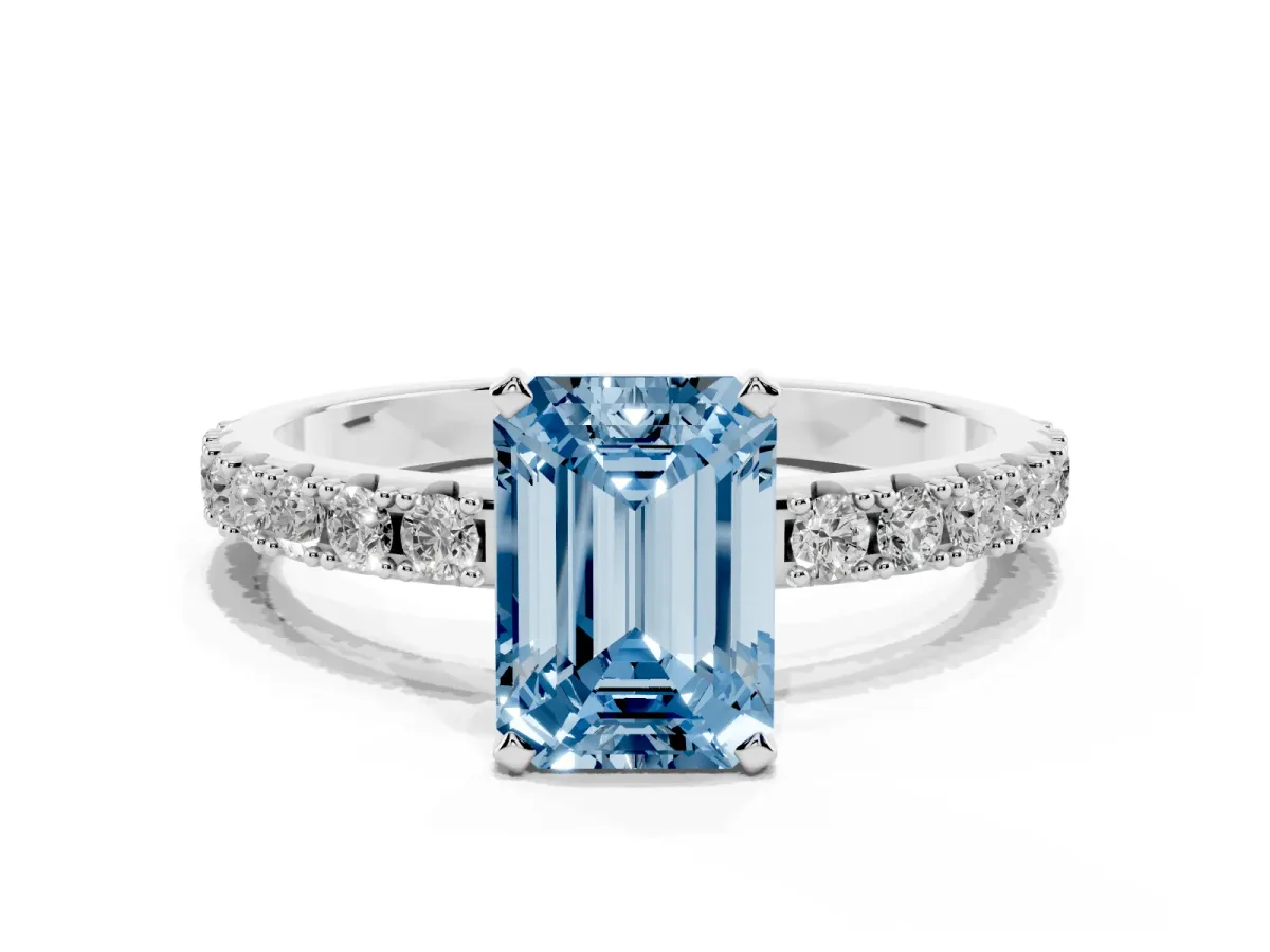 Fancy Blue Emerald Cut Diamond Solitaire Pavé Band with Four-Prong Setting Platinum