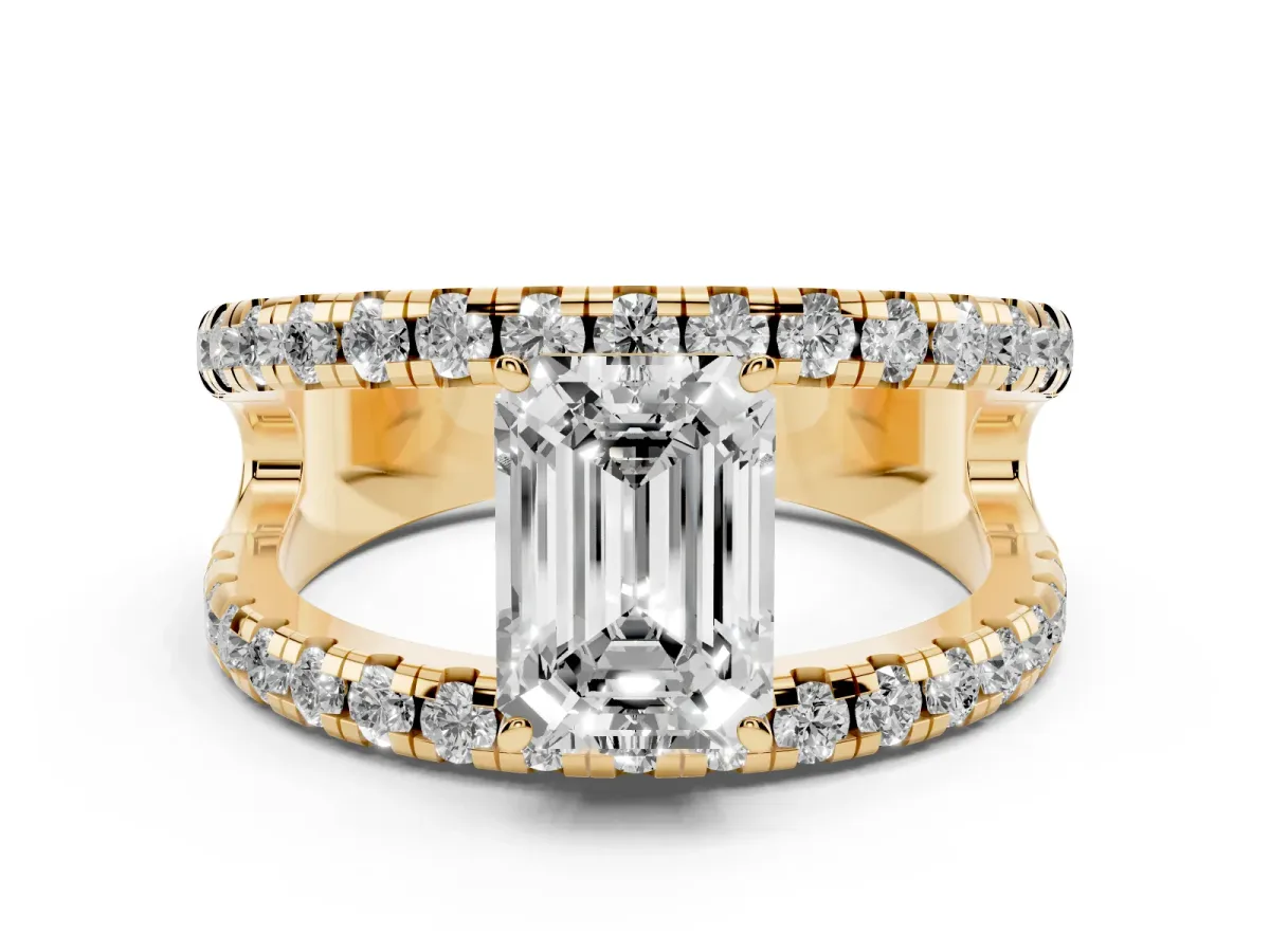 Emerald Cut Solitaire Split Shank Pave Diamond Ring Yellow gold