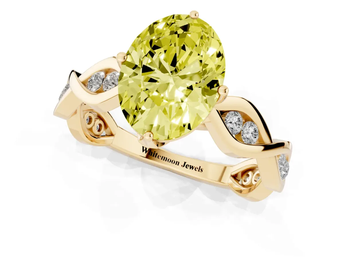 Fancy Yellow Oval Cut Solitaire Twist Band with Leaf Prong Setting Yellow gold