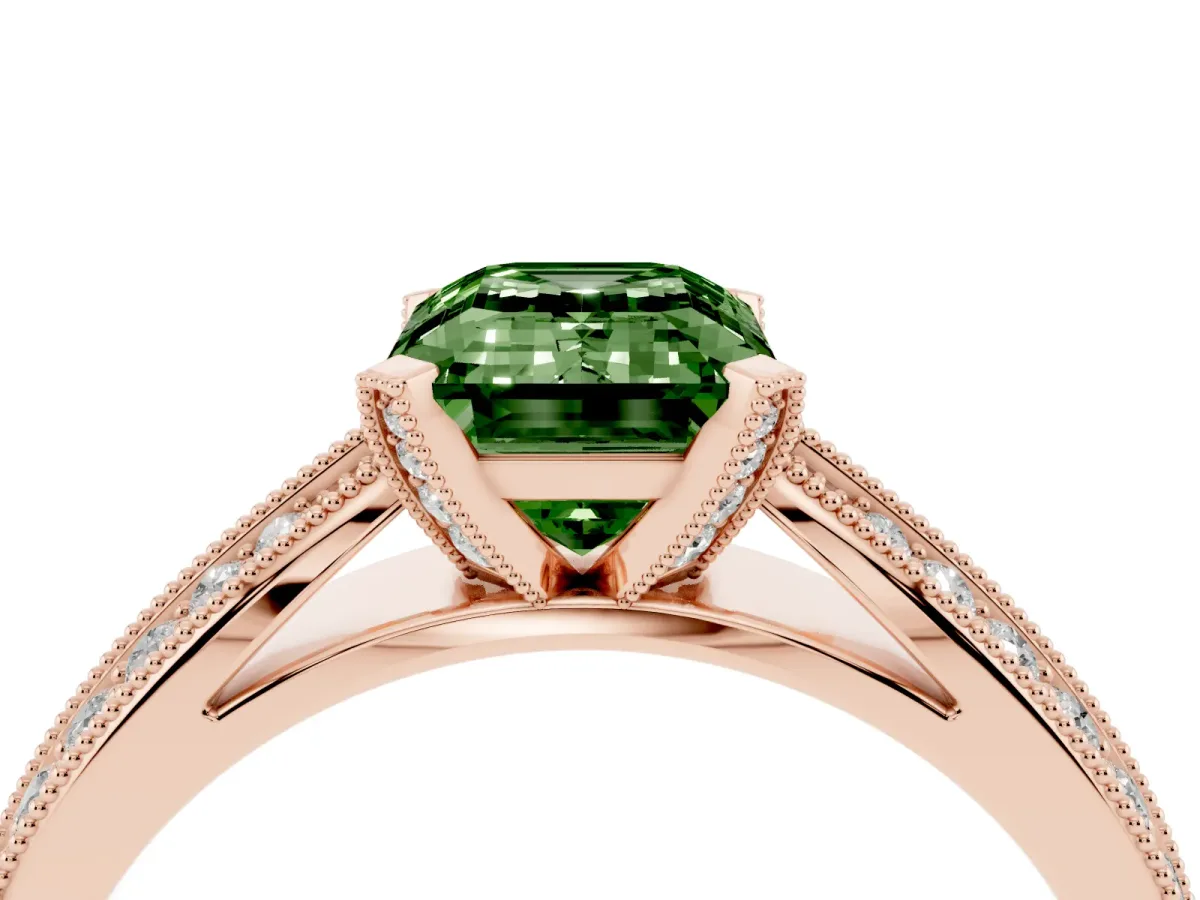 Fancy Green Emerald Cut Diamond Solitaire Ring with Milgrain Round Pavé Band and Prong Setting Rose gold