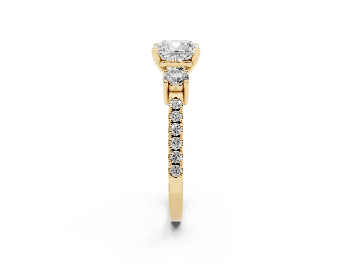 Cushion Cut Three-Stone Diamond Pavé Band with Prong Setting Yellow gold