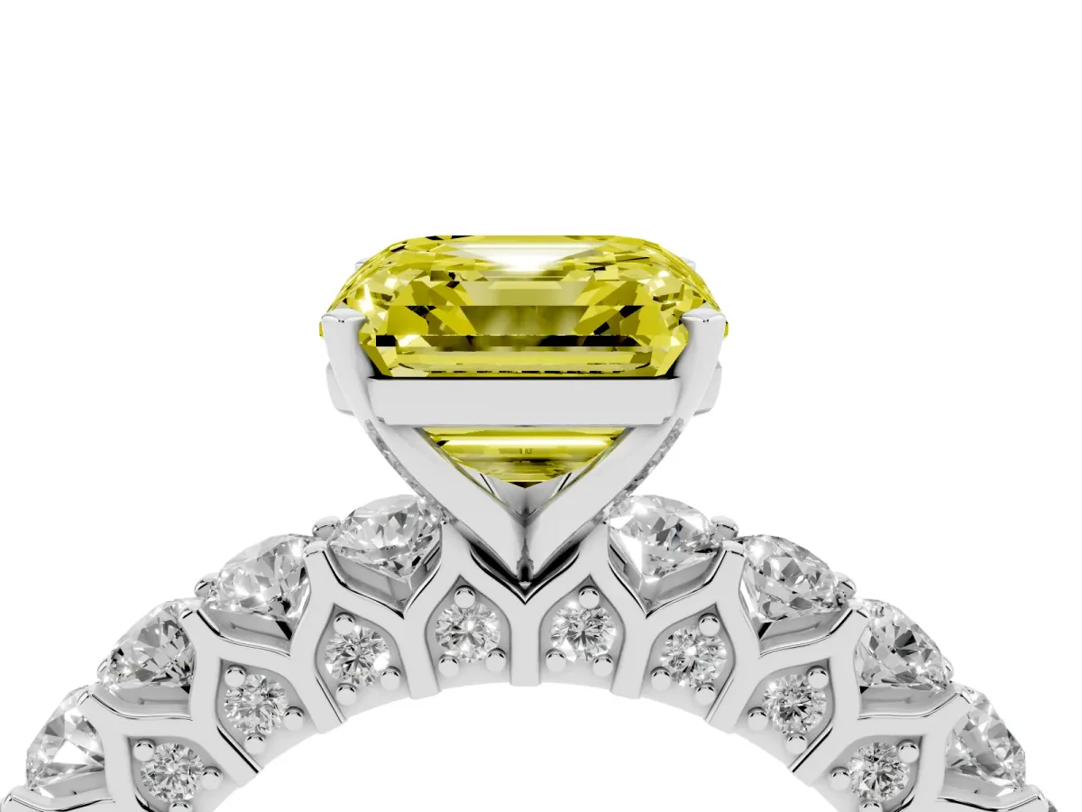 Fancy Yellow Asscher Cut Diamond Solitaire Ring with Shared Prong Pavé Band and Four-Prong Setting Silver