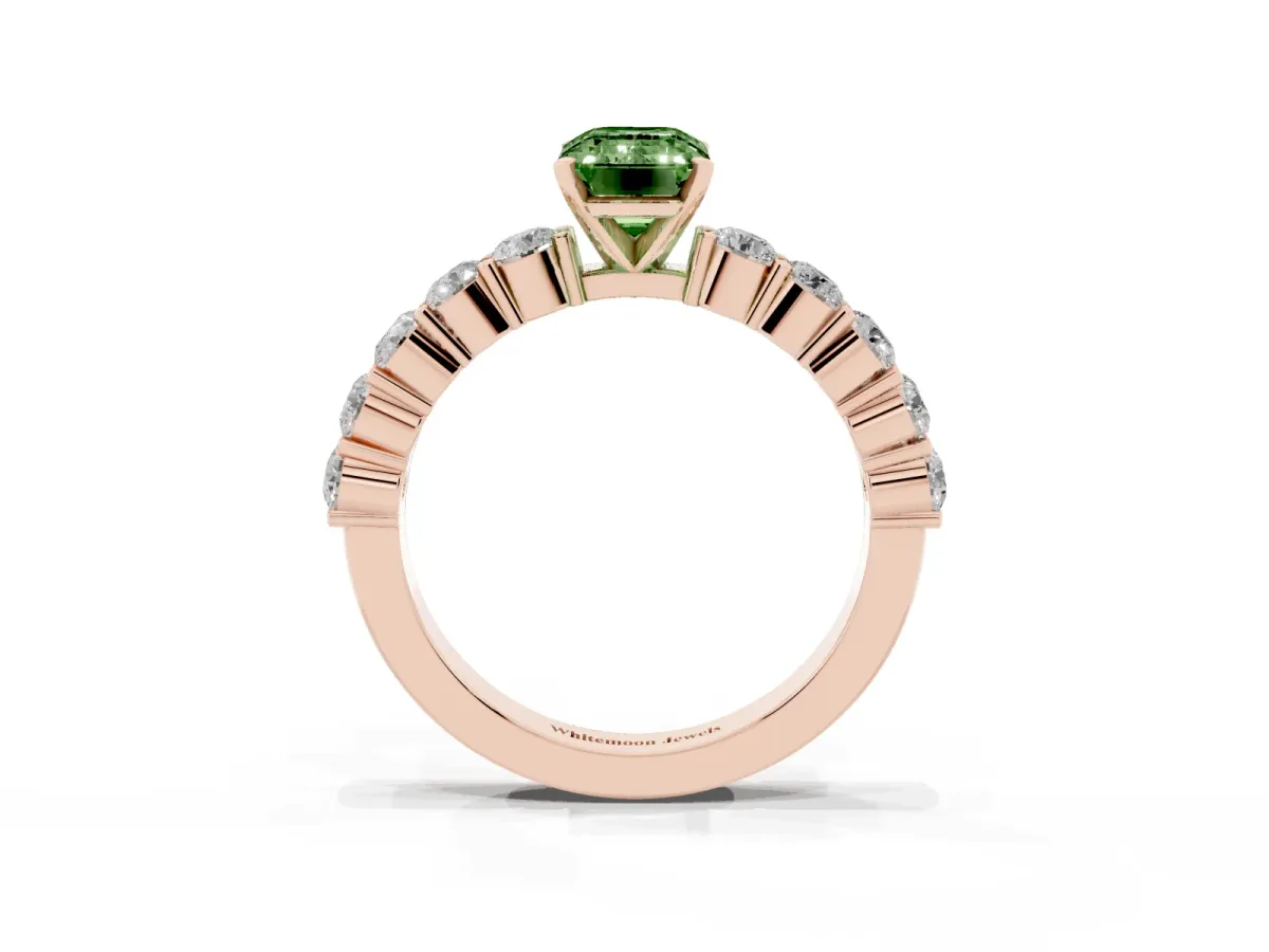 Fancy Green Emerald Cut Diamond Solitaire Ring with Shared Prong Round Side Stones Rose gold