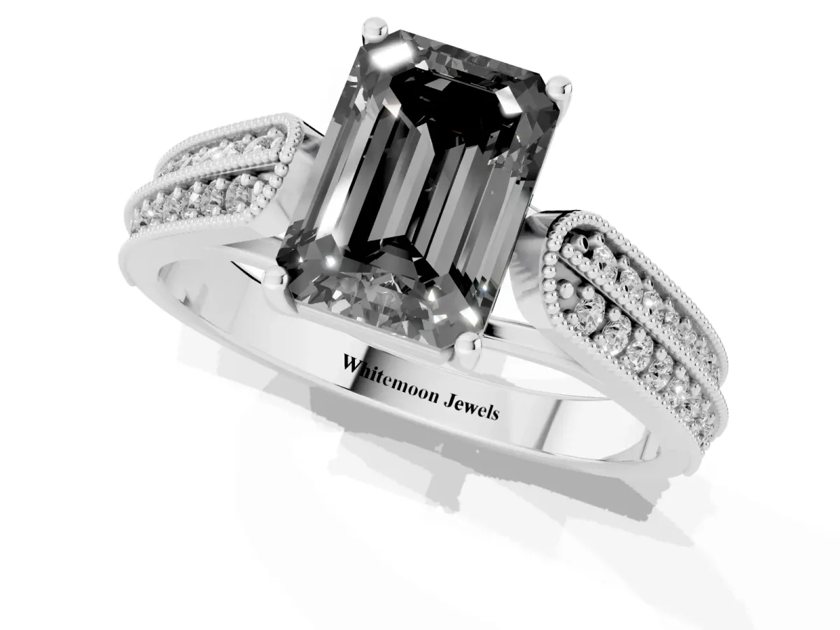 Fancy Black Emerald Cut Cut Pave Split Shank Engagement Ring with Four-Prong Setting Platinum