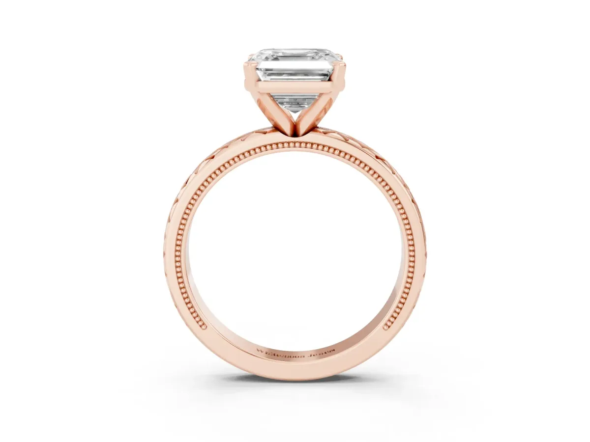 Asscher Cut Solitaire Diamond Ring with Milgrain and Black Enamel X Pattern Band Rose gold