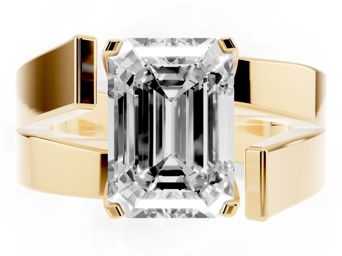 Modern Tension Set Emerald Cut Diamond Solitaire Wide Band Ring Yellow gold