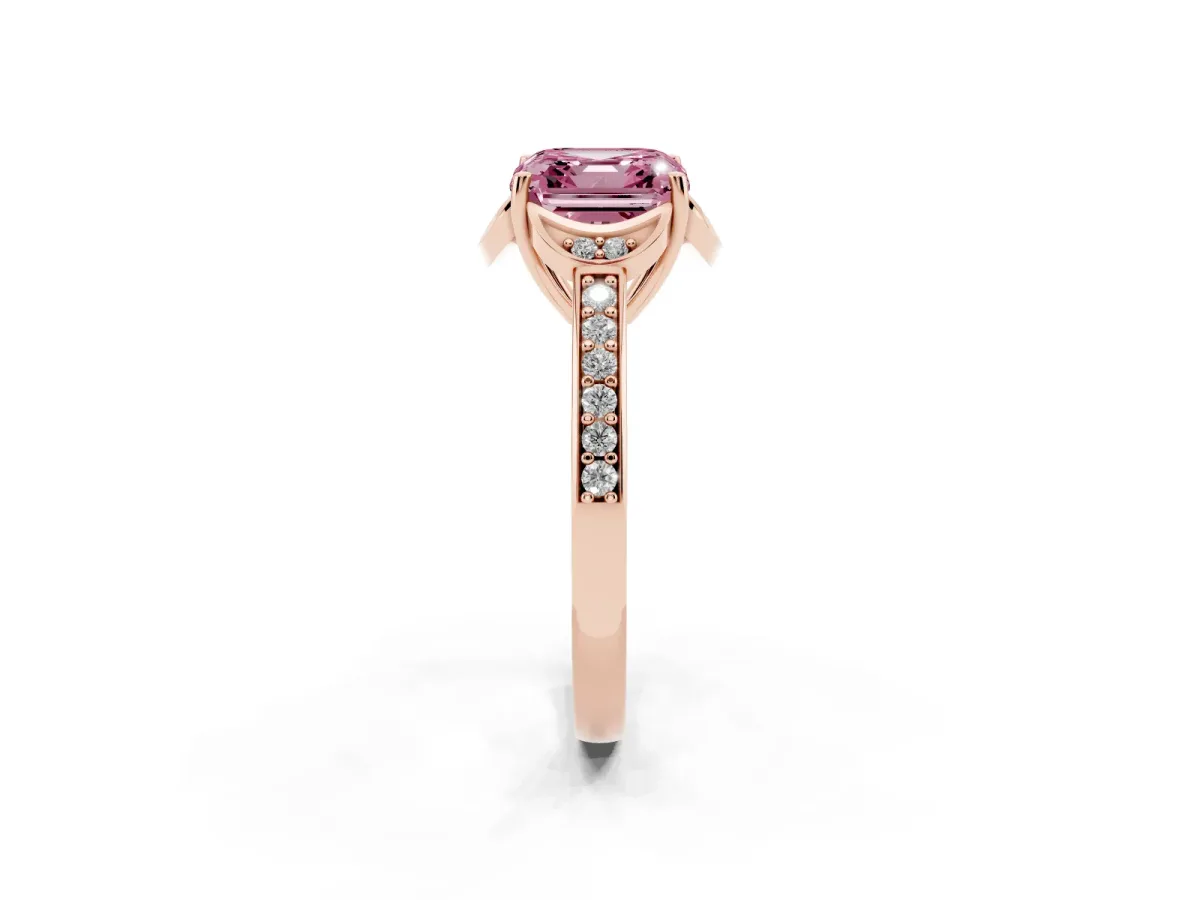 Fancy Pink Asscher Cut Cut Halo Diamond Ring with Channel Set Band and Four-Prong Setting Rose gold