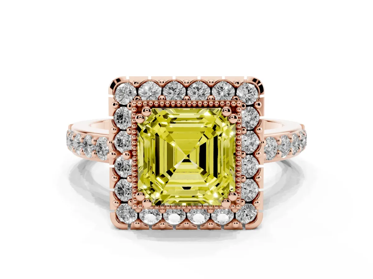 Fancy Yellow Asscher Cut Diamond Halo Ring with Pavé Band and Prong Setting Rose gold