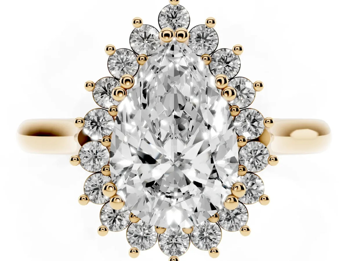 Pear Cut Cut Diamond Halo Ring with Solitaire Band and Prong Setting Yellow gold