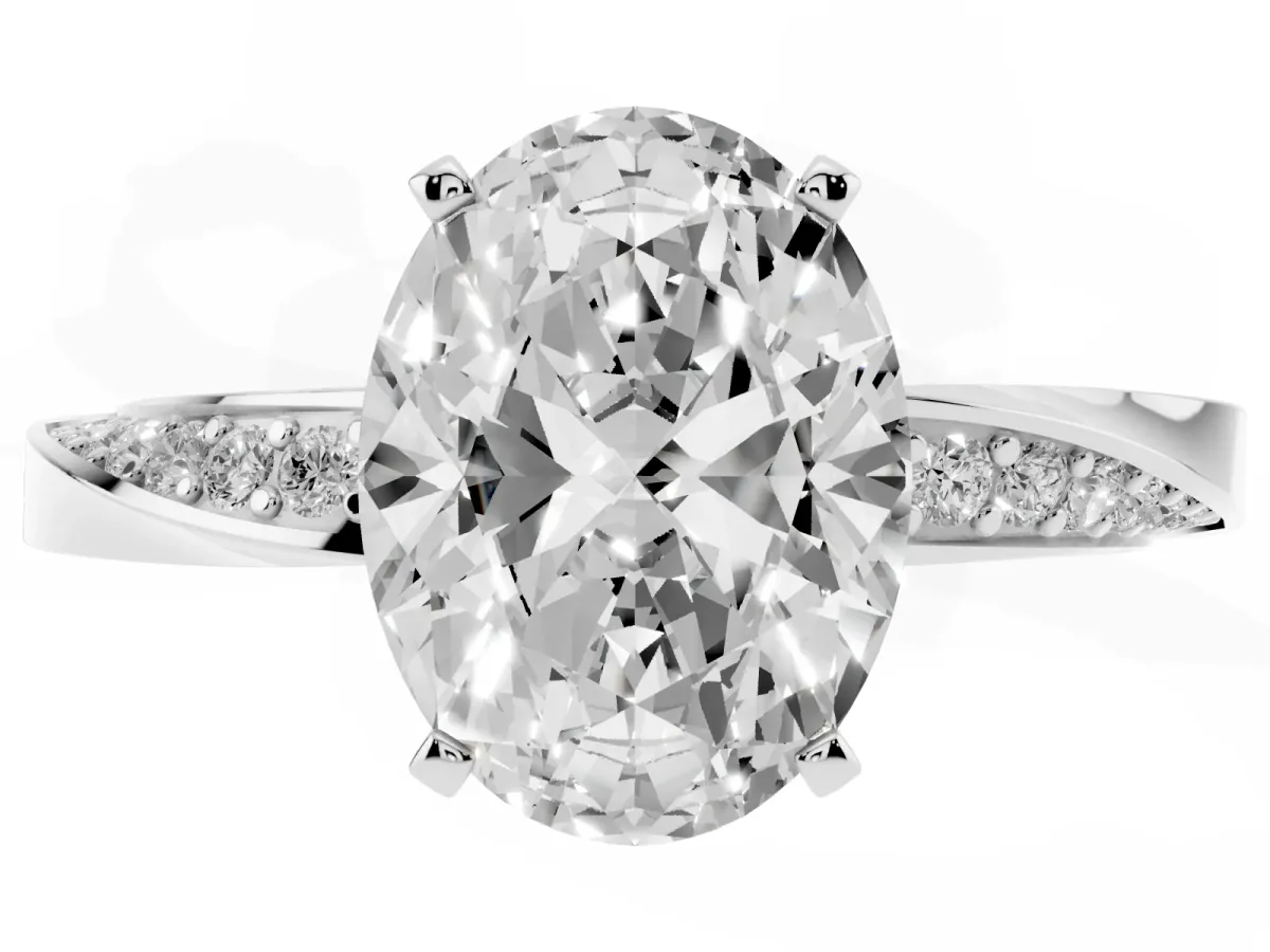 Oval Cut Diamond Engagement Ring with Side Stone Accents and Four-Prong Setting Silver