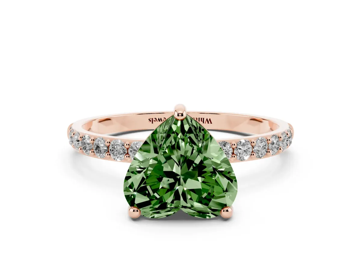 Fancy Green Heart Cut Diamond Solitaire Ring with Round Pavé Band and Prong Setting Rose gold