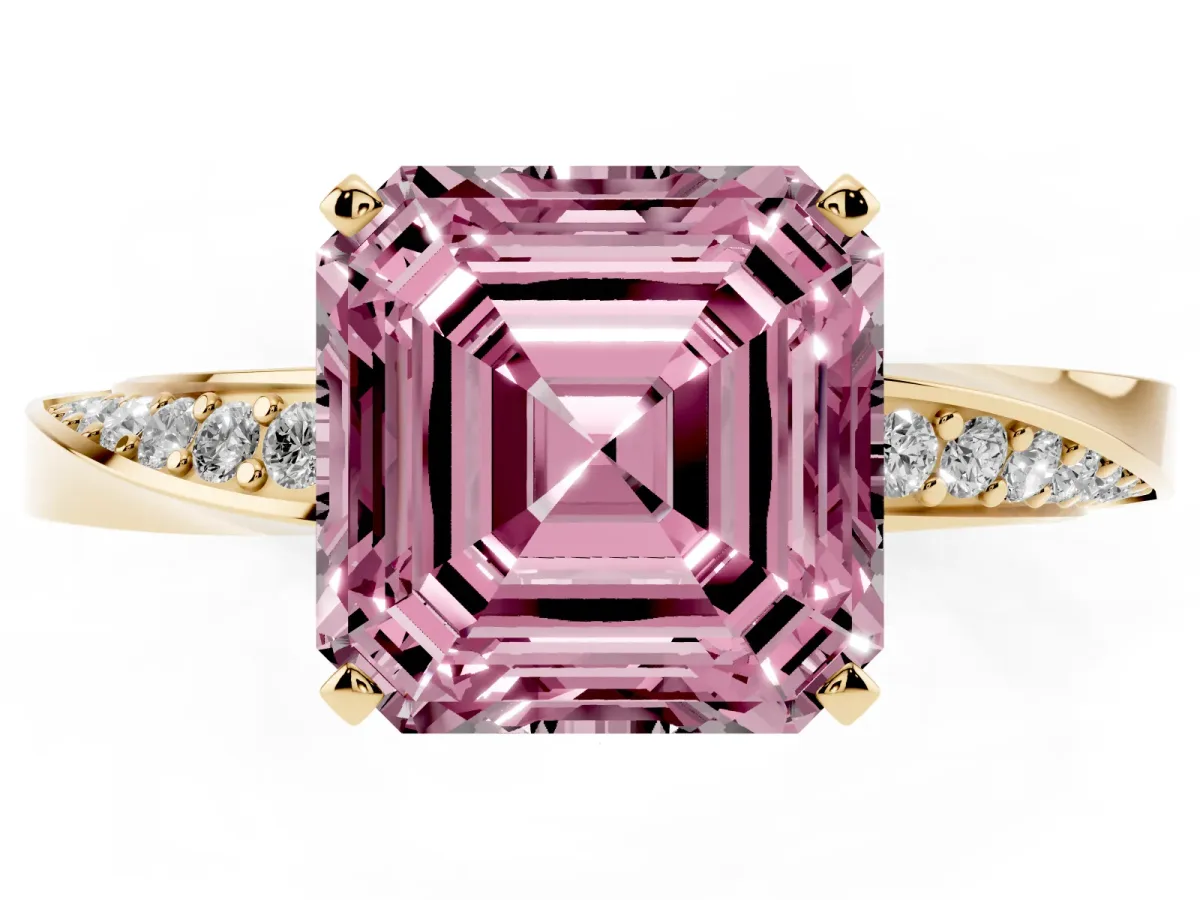 Fancy Pink Asscher Cut Diamond Engagement Ring with Side Stone Accents and Four-Prong Setting Yellow gold