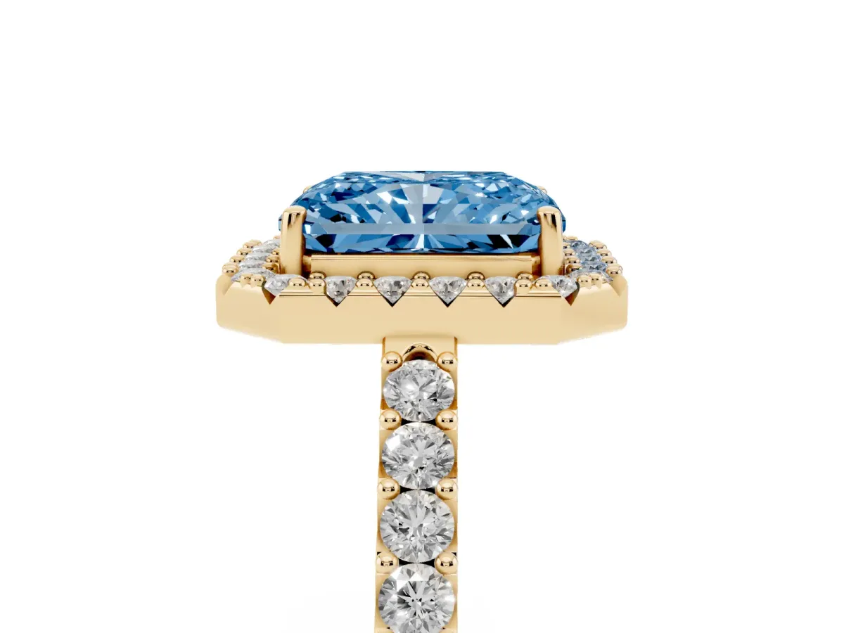 Fancy Blue Radiant Cut Halo Diamond Pavé Solitaire Ring Yellow gold