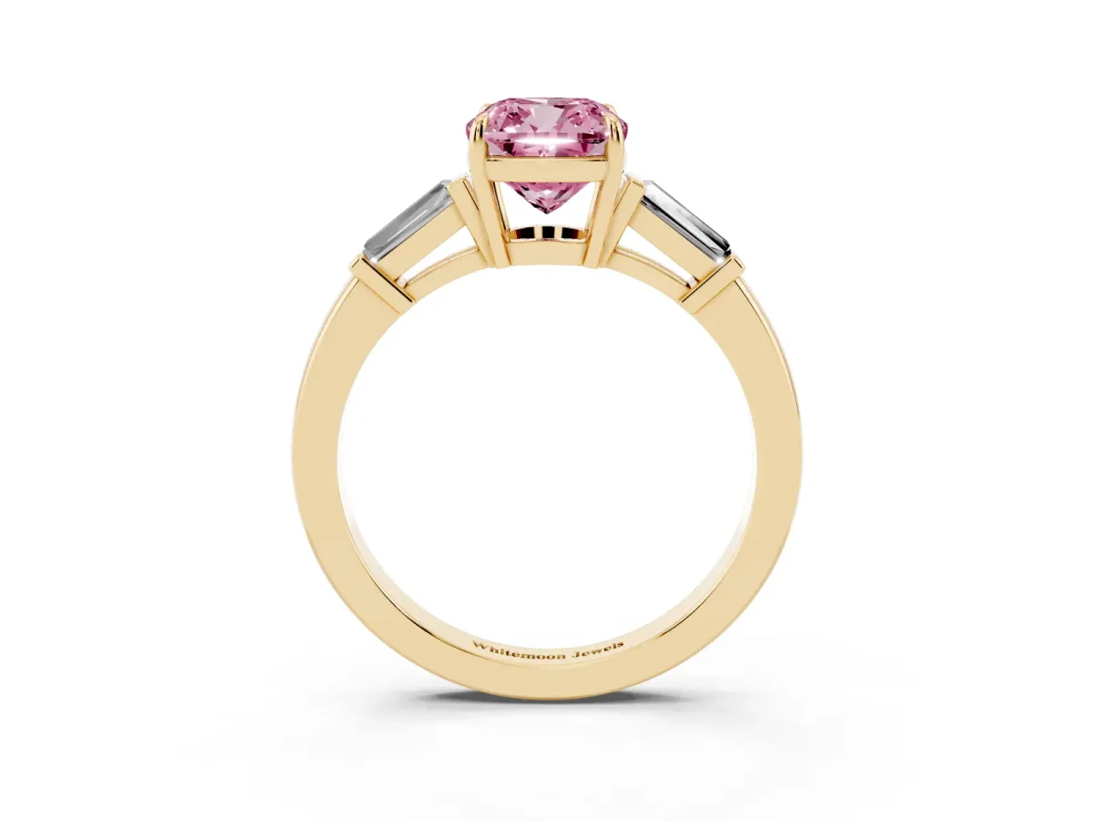 Fancy Pink Cushion Cut Diamond Three-Stone Ring with Tapered Baguette Side Stones and Prong Setting Yellow gold