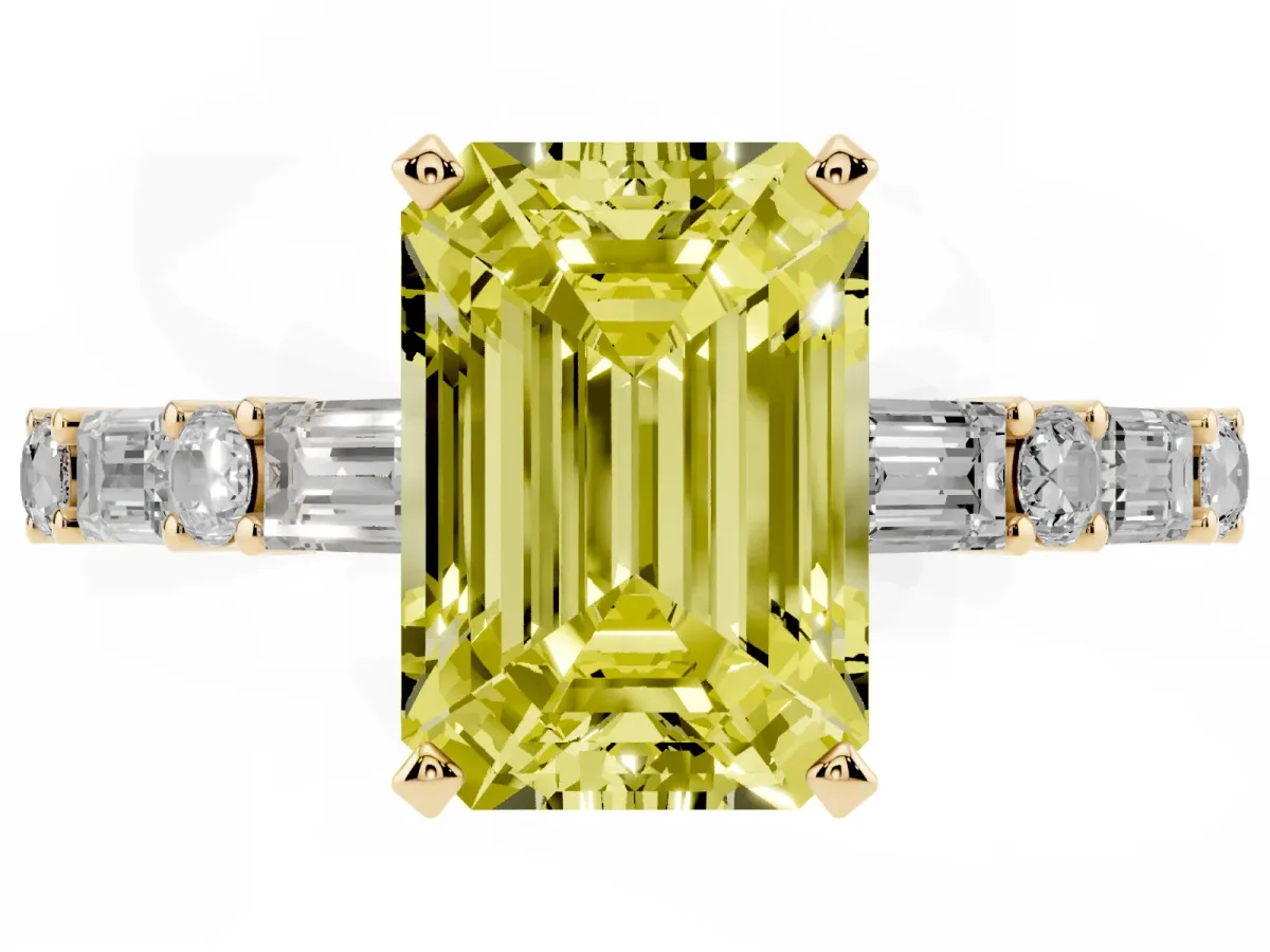 Fancy Yellow Emerald Cut Diamond Solitaire with Side Baguettes and Channel Set Band Yellow gold