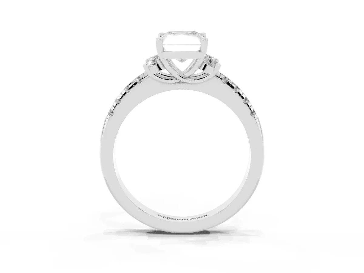 Radiant Cut Diamond Three-Stone Pave Band with Four-Prong Setting Silver