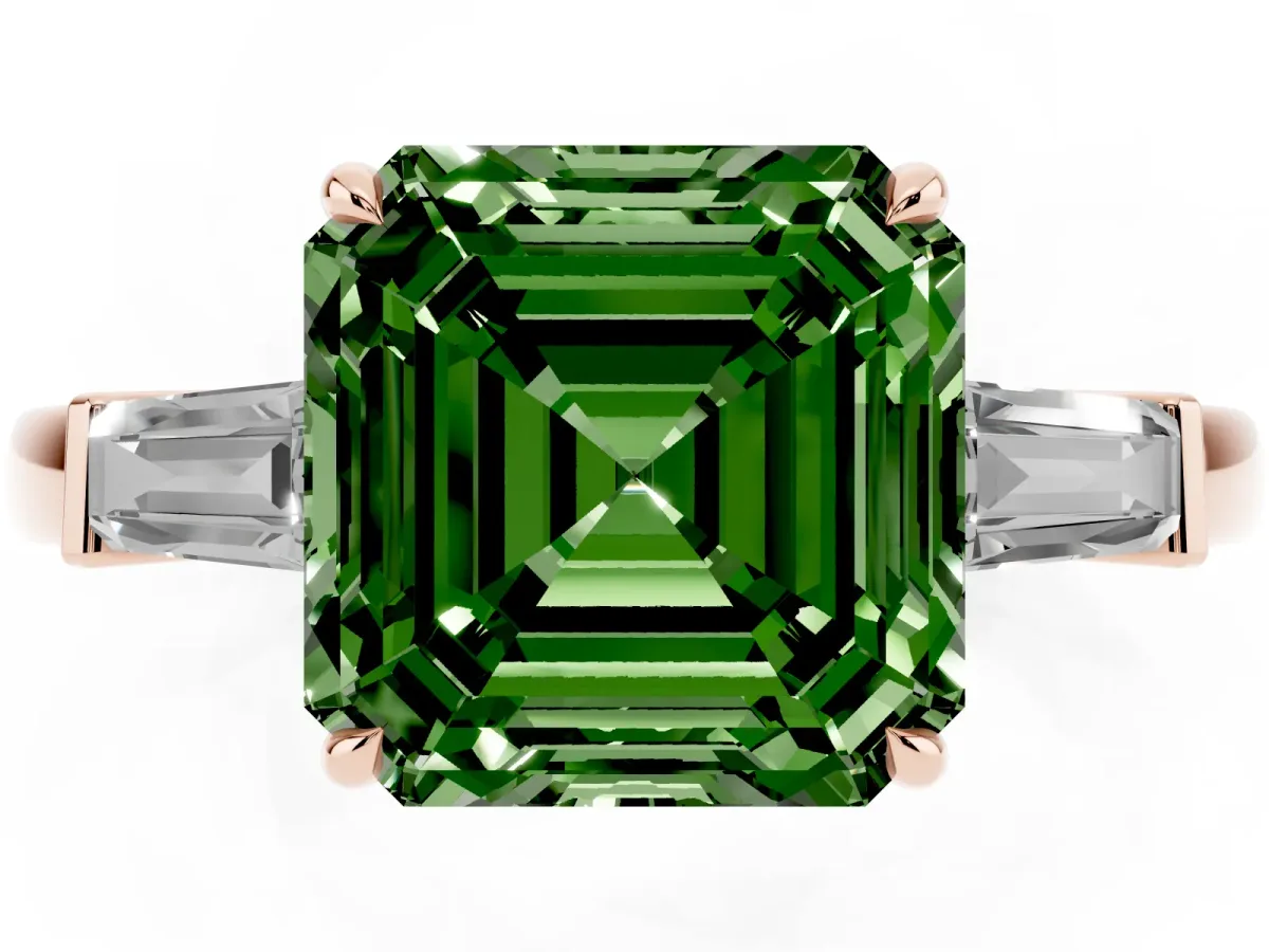 Fancy Green Asscher Cut Diamond Three-Stone Ring with Tapered Baguette Side Stones and Prong Setting Rose gold