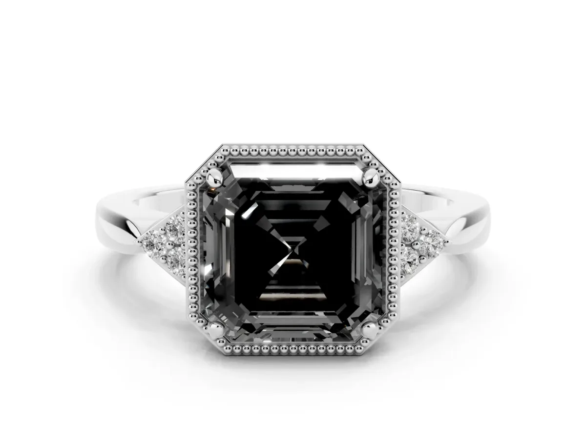 Fancy Black Hexagonal Halo Asscher Cut Diamond Solitaire with Pavé Band and Four-Prong Setting Silver