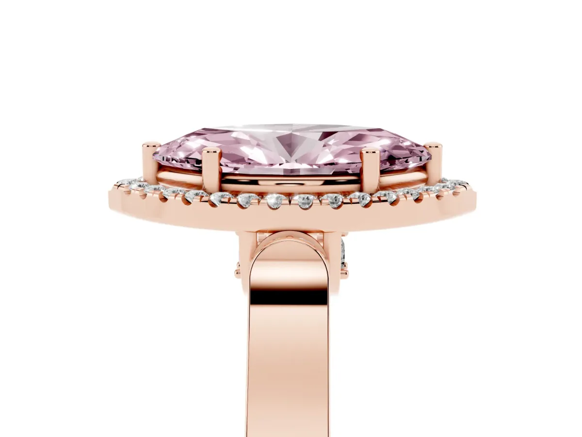 Fancy Pink Marquise Cut Halo Round Diamond Twist Band with Four-Prong Setting Rose gold