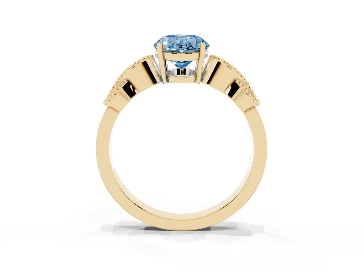 Fancy Blue Oval Cut Solitaire Milgrain Leaf Band with Prong Setting Yellow gold