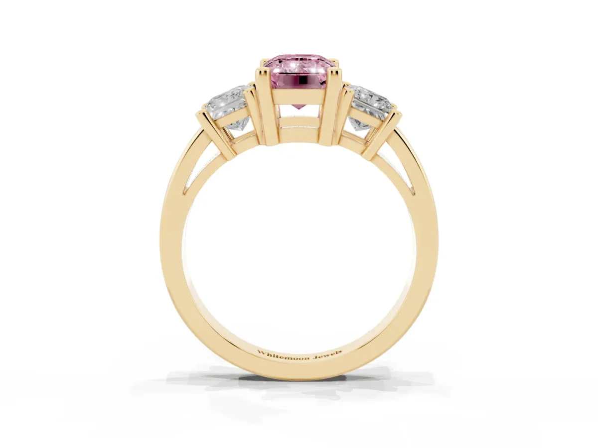 Fancy Pink Three-Stone Emerald Cut Cut Solitaire Ring with Prong Setting Yellow gold