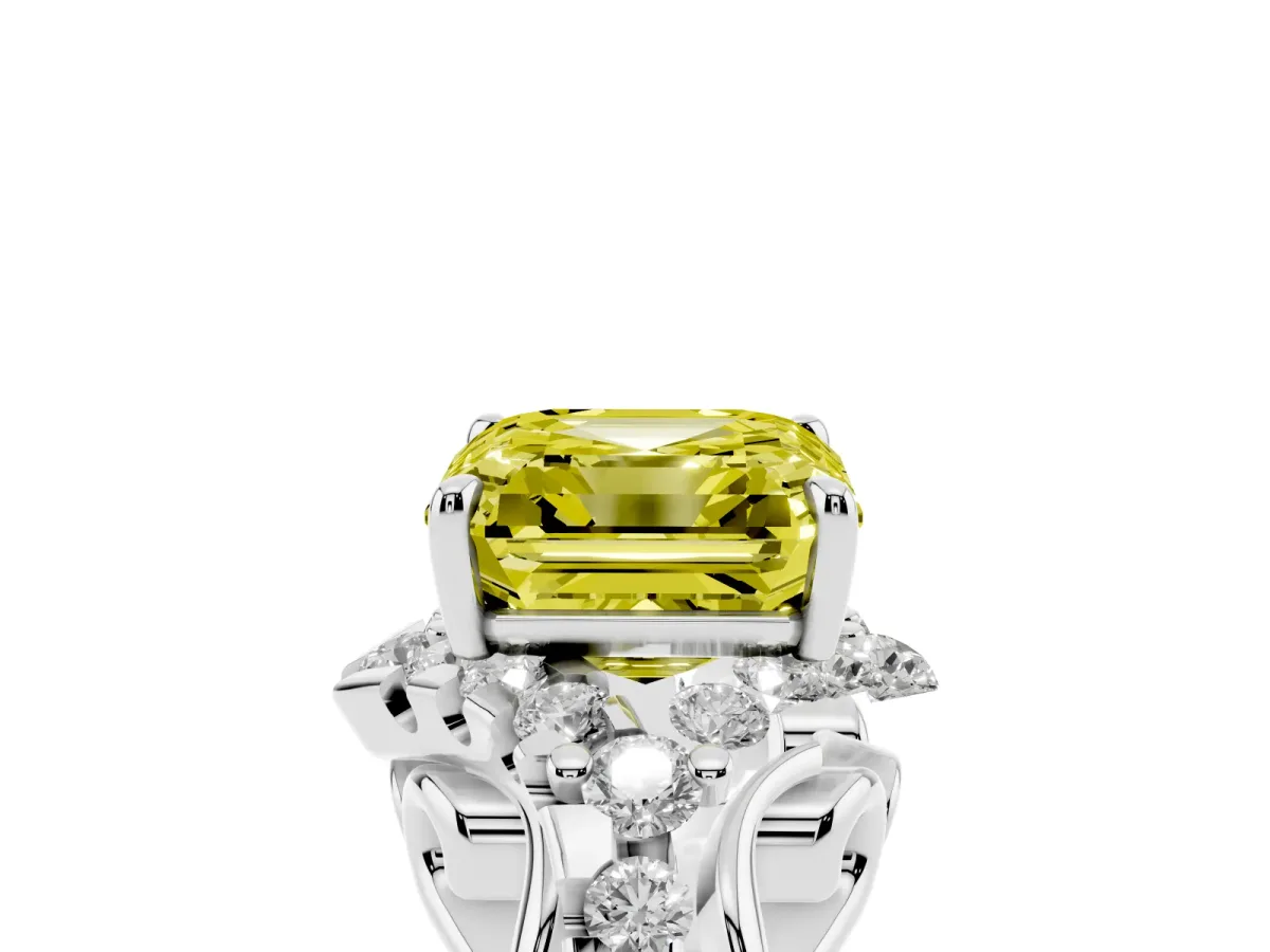 Fancy Yellow Asscher Cut Diamond Solitaire Ring with Hidden Halo and Pavé Band Platinum