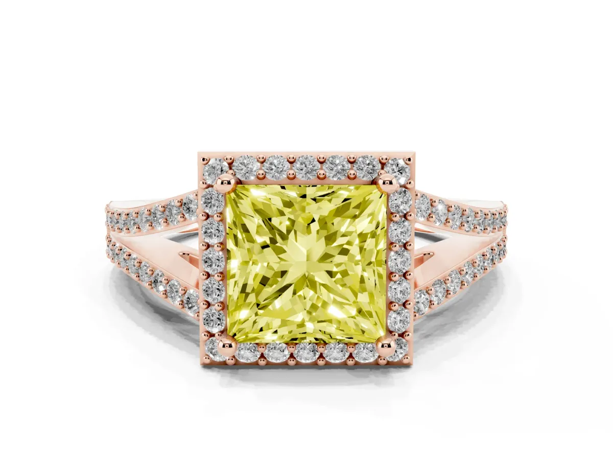 Fancy Yellow Princess Cut Halo Split Shank Pave Diamond Ring with Four-Prong Setting Rose gold