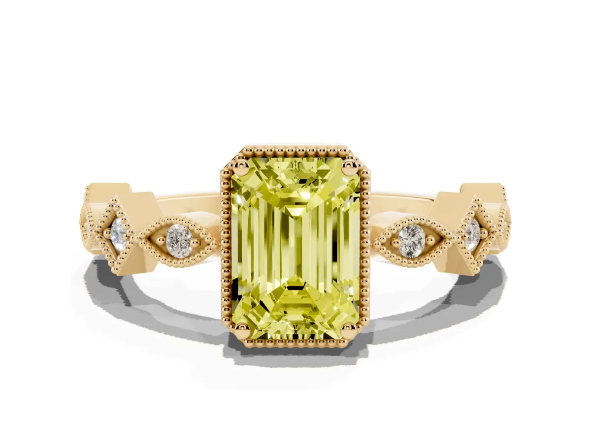 Fancy Yellow Emerald Cut Milgrain Marquise Diamond Twist Band Ring Yellow gold