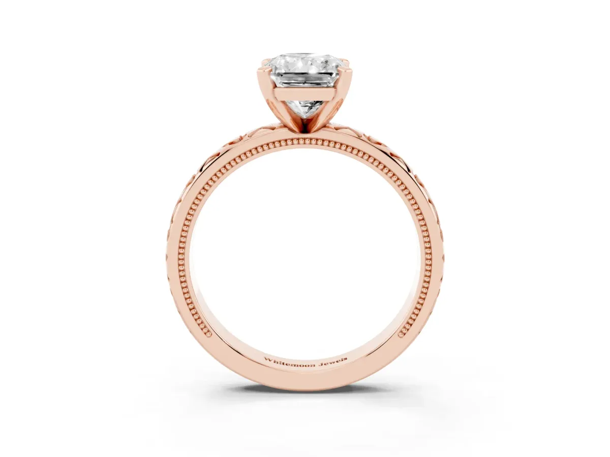 Radiant Cut Solitaire Diamond Engagement Ring with XO Engraved Band and Four-Prong Setting Rose gold