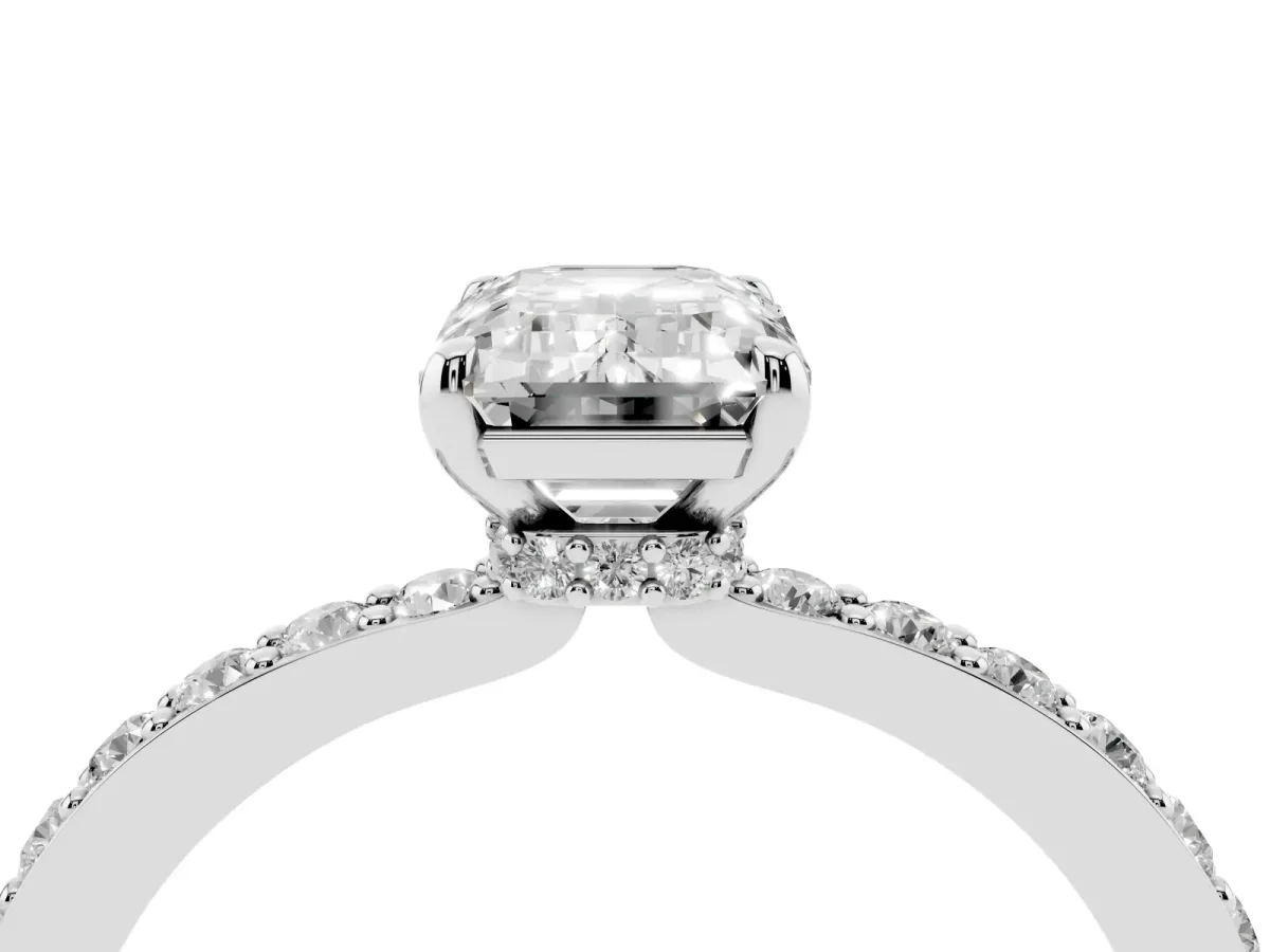 Emerald Cut Diamond Solitaire Engagement Ring with Pavé Band and Four-Prong Setting Platinum