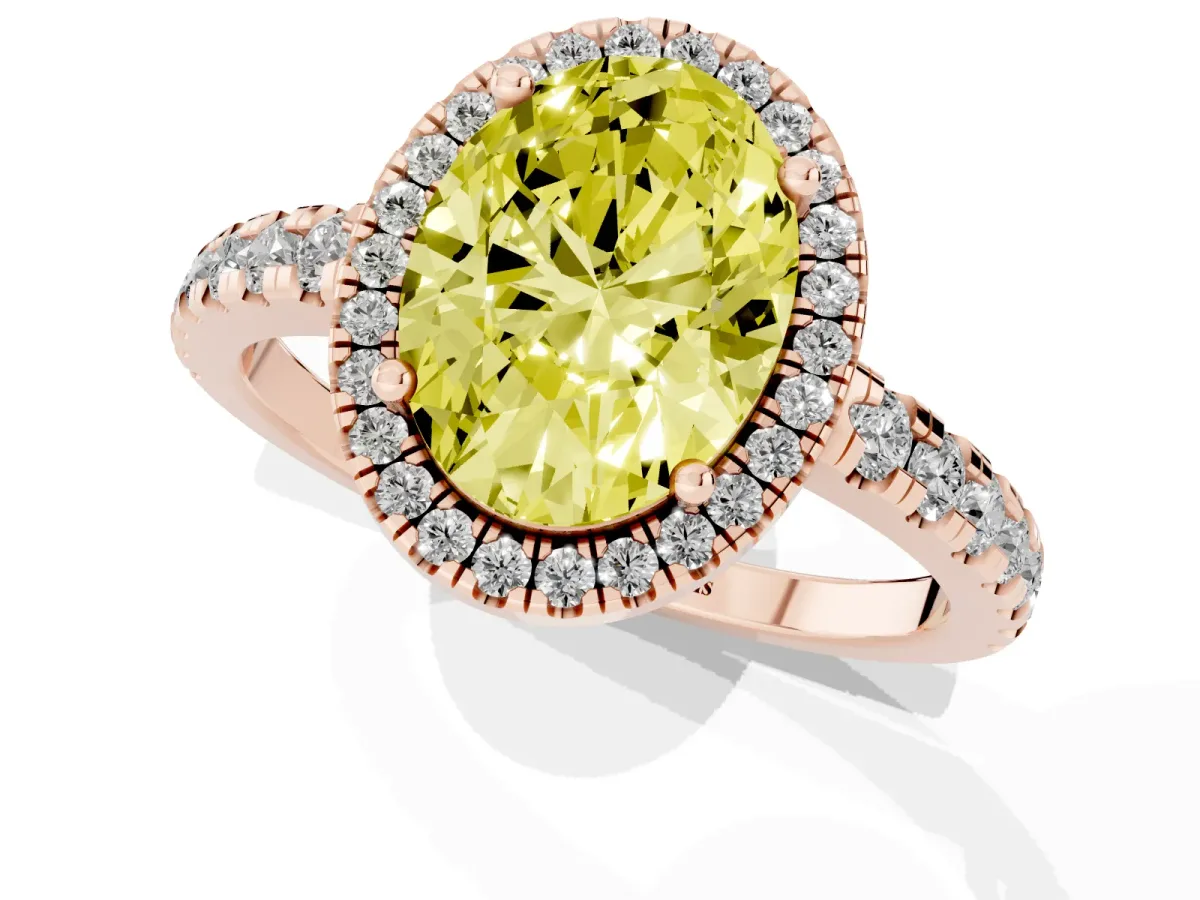 Fancy Yellow Oval Cut Diamond Halo Ring with Pavé Band and Four-Prong Setting Rose gold