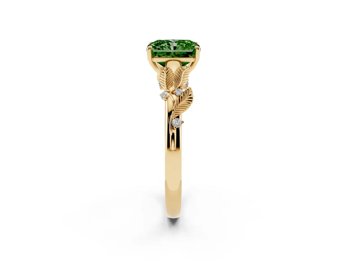 Fancy Green Radiant Cut Diamond Solitaire Ring with Leaf Motif Band and Four-Prong Setting Yellow gold