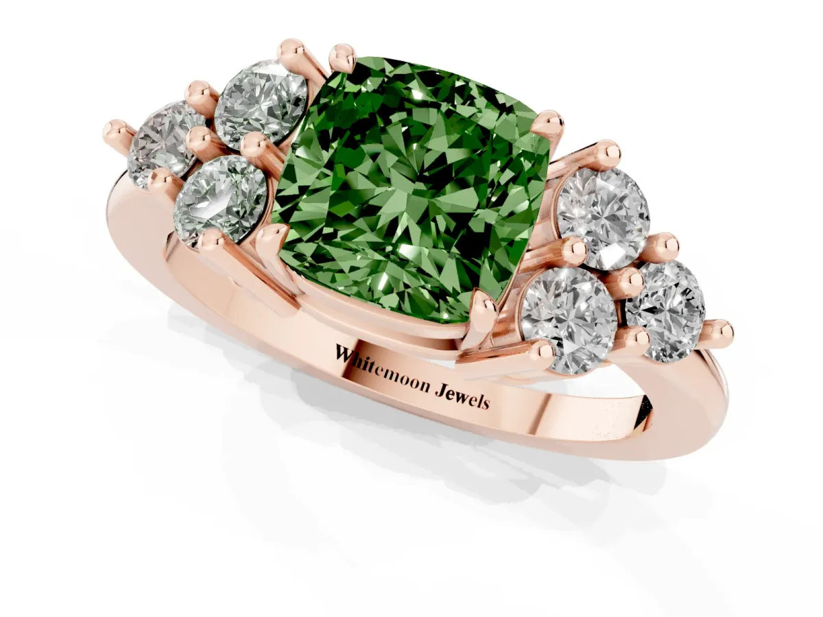 Fancy Green Cushion Cut Brilliant Diamond Cluster Accent Solitaire Ring with Prong Setting Rose gold