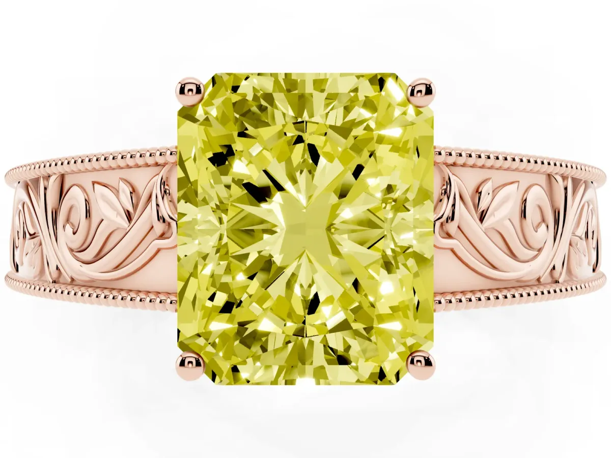 Fancy Yellow Radiant Cut Diamond Solitaire Ring with Engraved Band and Four-Prong Setting Rose gold