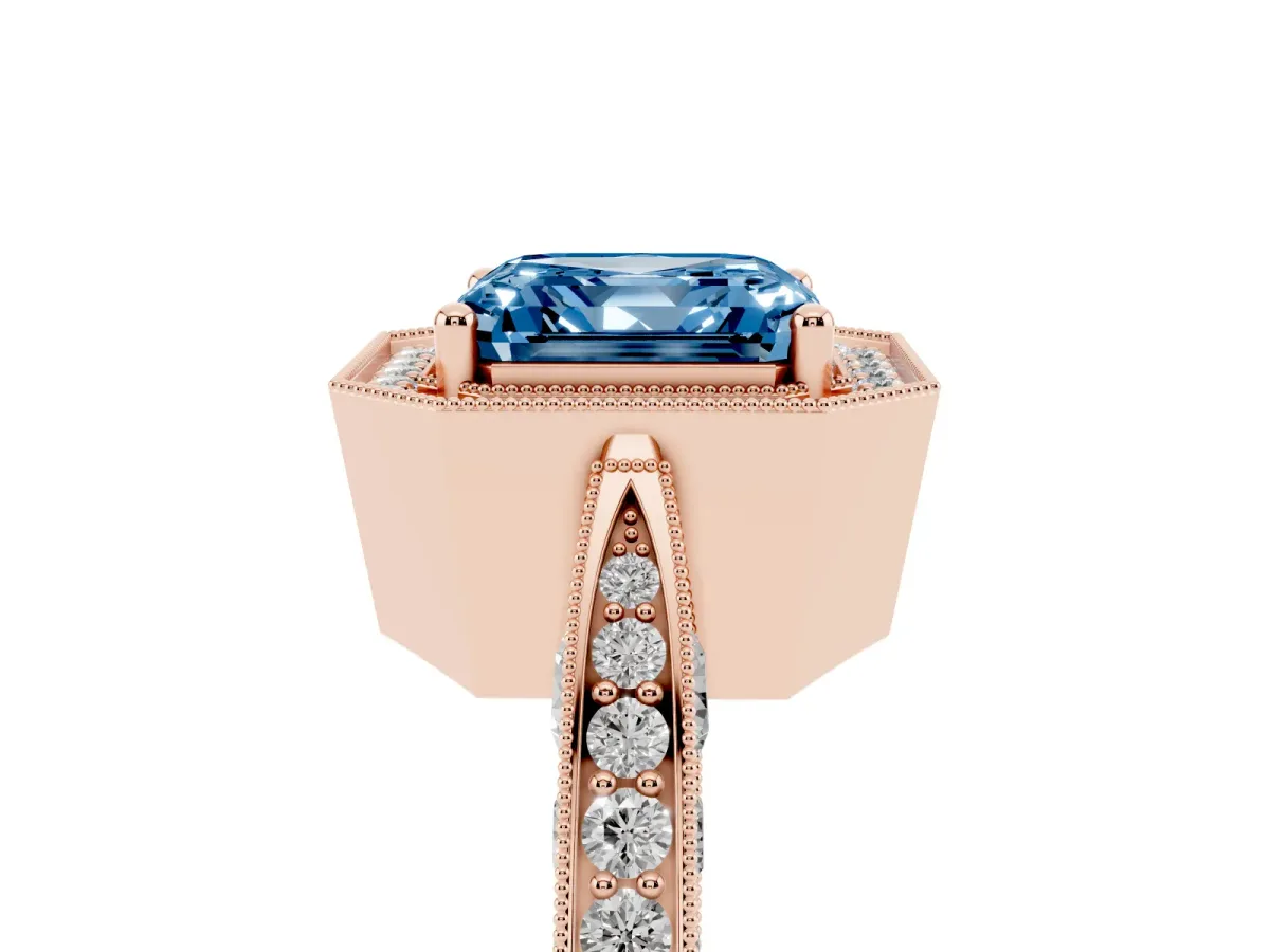 Fancy Blue Asscher Cut Halo Diamond Engagement Ring with Split Shank Band and Four-Prong Setting Rose gold