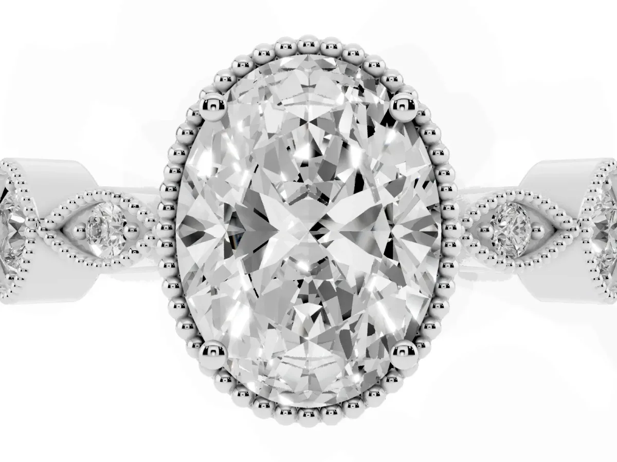 Oval Cut Diamond Vintage Milgrain Ring with Round Stations Silver