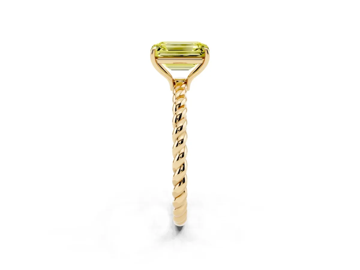 Fancy Yellow Emerald Cut Solitaire Twist Band Ring with Four-Prong Setting Yellow gold