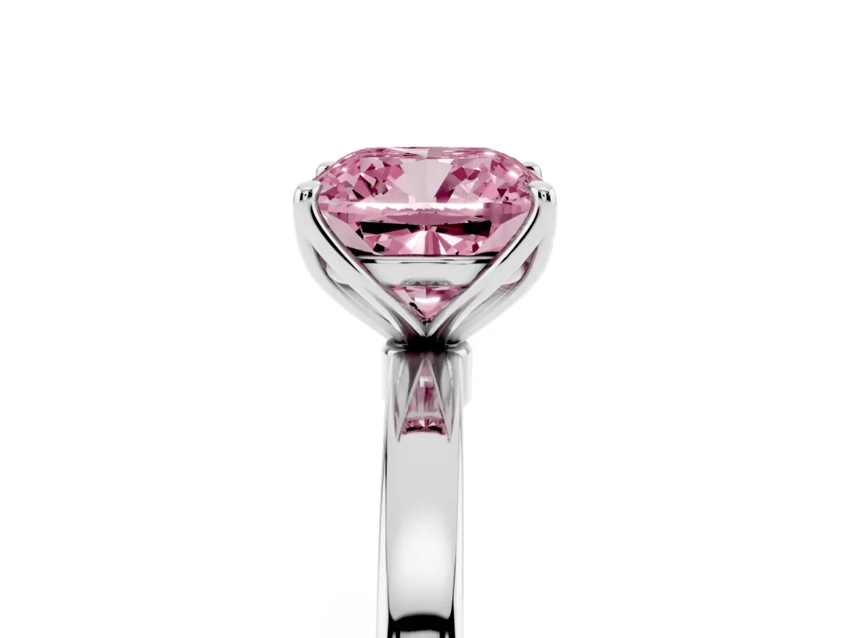 Fancy Pink Cushion Cut Diamond Solitaire Ring with Thin Band and Prong Setting Platinum