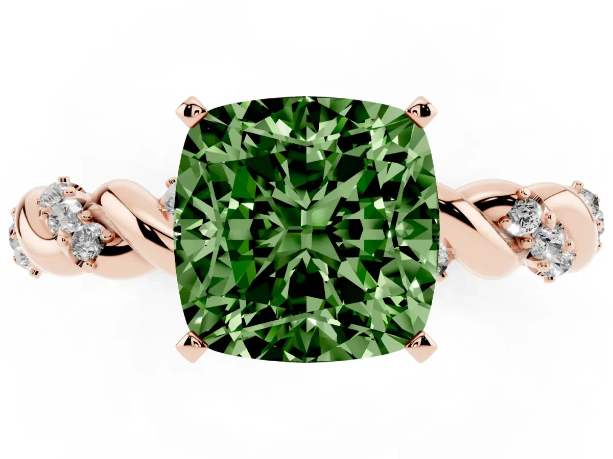 Fancy Green Cushion Cut Diamond Solitaire Ring with Twisted Band and Pavé Accents Rose gold