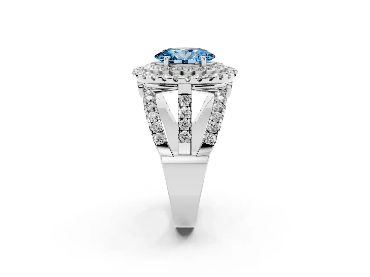 Fancy Blue Oval Cut Diamond Double Halo Ring with Round Pavé Split Shank and Prong Setting Platinum