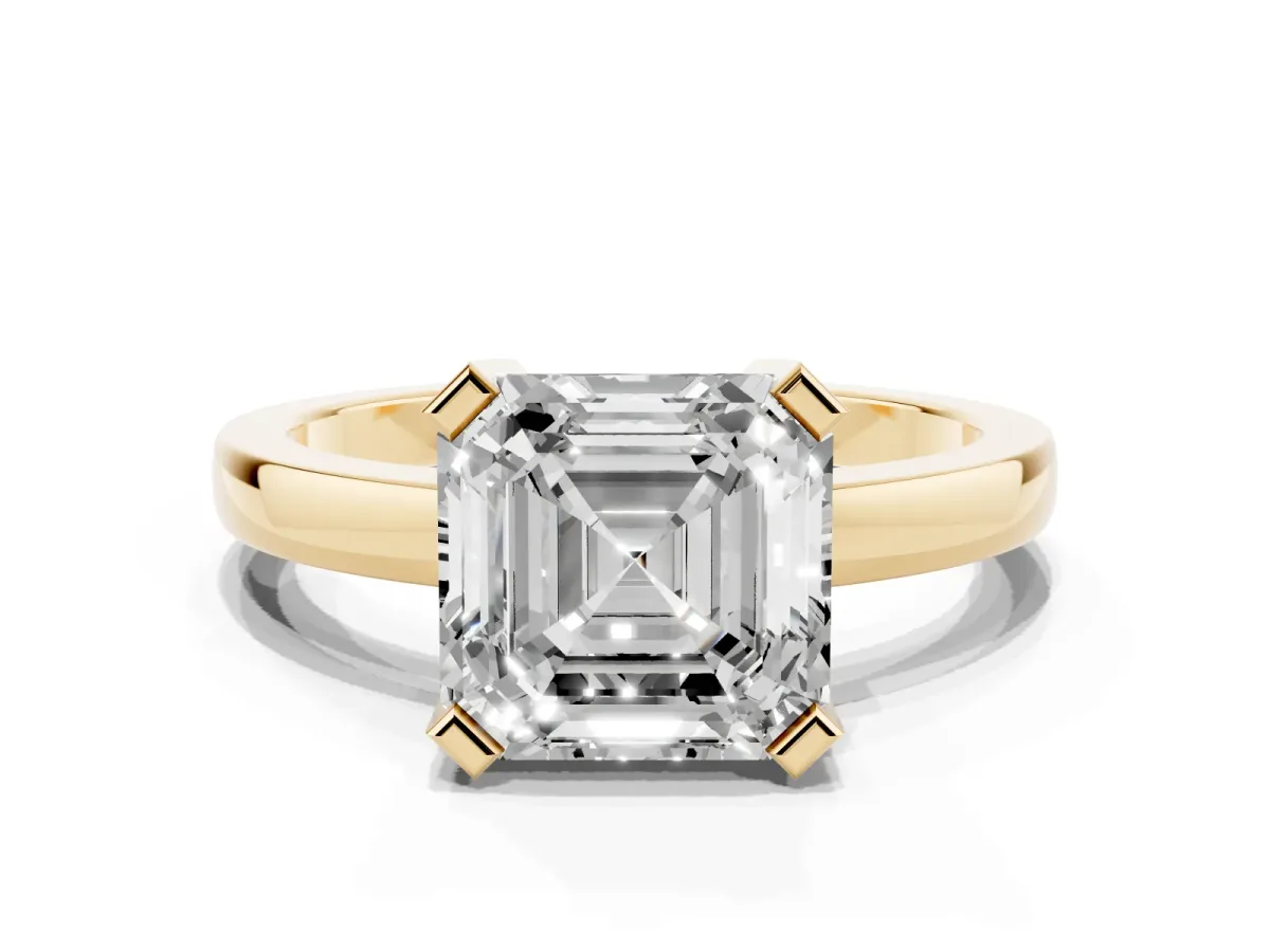 Asscher Cut Cut Solitaire Ring with Four-Prong Setting and Classic Band Yellow gold