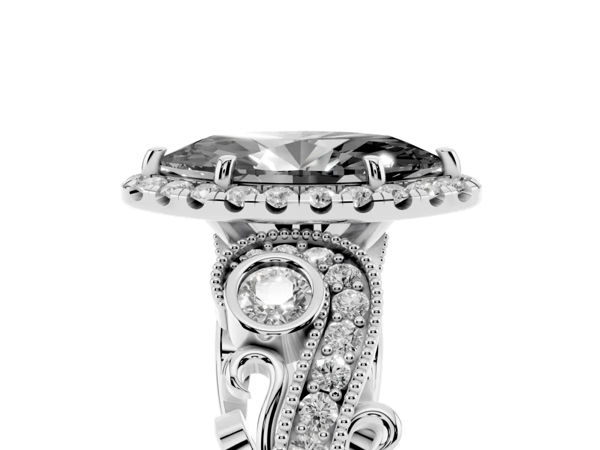 Fancy Black Marquise Cut Halo Diamond Ring with Milgrain and Bezel Accents on a Split Shank Band Platinum